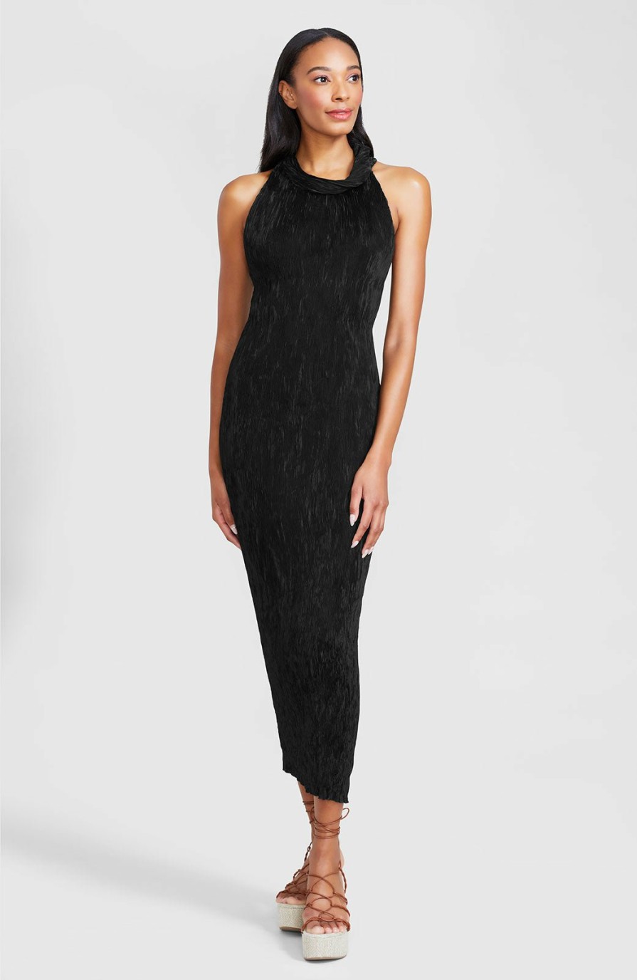 CLOTHING Lela Rose | Crushed Plisse Cowl Neck Sheath Black