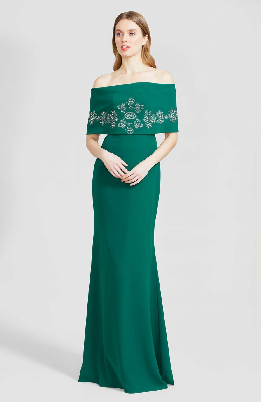 CLOTHING Lela Rose | Embroidered Fluid Crepe Off The Shoulder Gown Forest