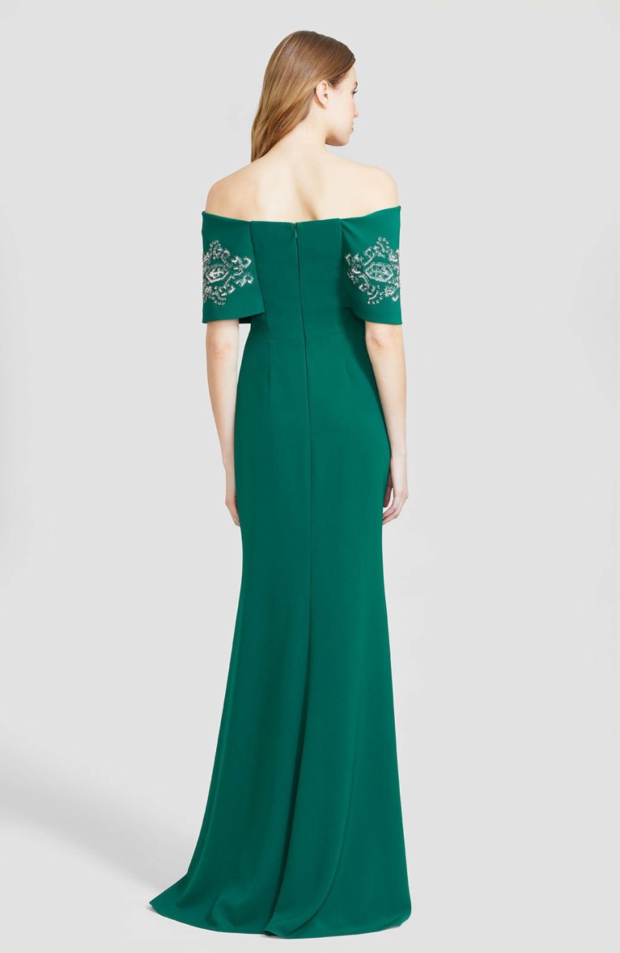 CLOTHING Lela Rose | Embroidered Fluid Crepe Off The Shoulder Gown Forest